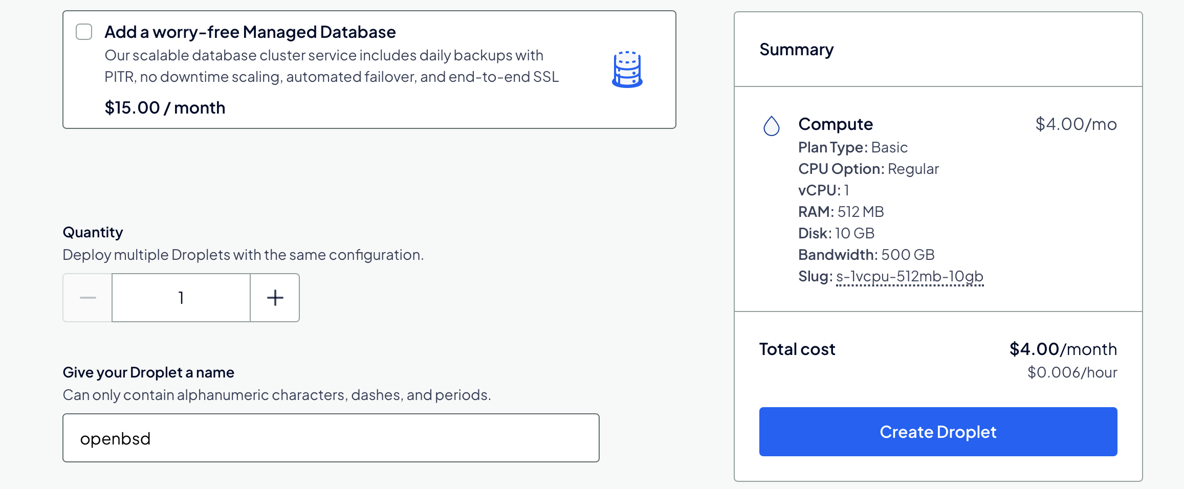 Droplet creation summary showing $4.00/month on DigitalOcean