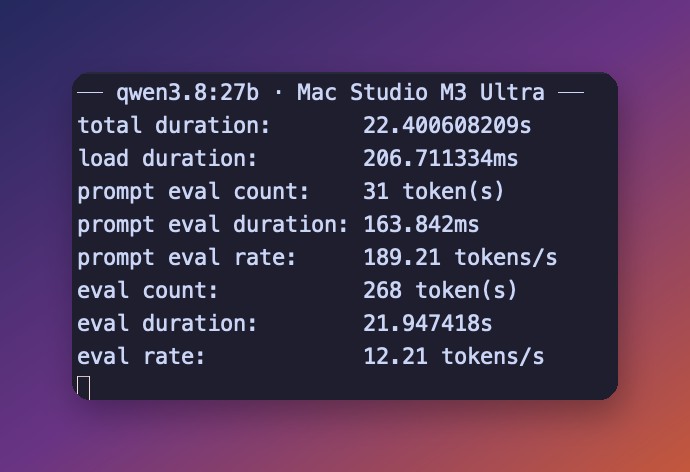 Блок статистики Ollama в режиме verbose для qwen3.8 27b на Mac Studio M3 Ultra с показателями eval rate и prompt eval rate