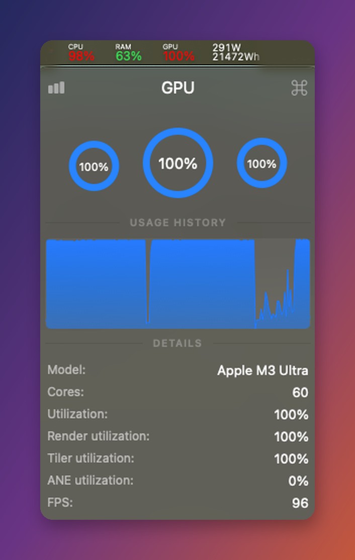 Панель GPU в приложении Stats: Apple M3 Ultra, 60 ядер на 100% загрузки, потребление 291Вт во время генерации Qwen3.8