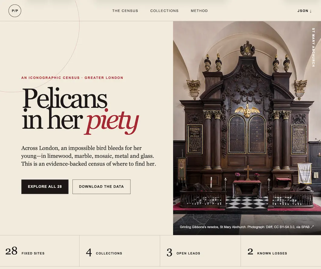 Скриншот главной страницы сайта на кремовом фоне с заголовком Pelicans in her piety и фотографией резного алтаря церкви с изображением пеликана