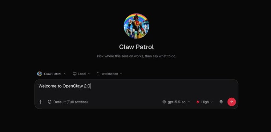 Браузерное приложение OpenClaw с агентом Claw Patrol и новым полем ввода сообщения с текстом Welcome to OpenClaw 2.0.