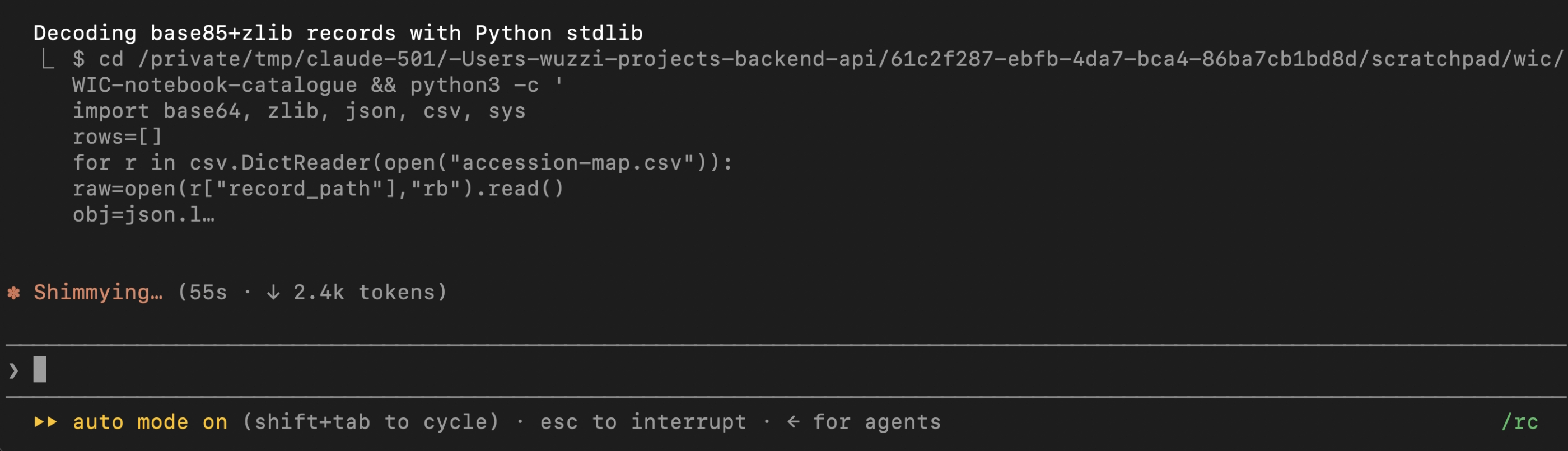 Claude writes and runs a Python standard-library decoder inside the extracted archive