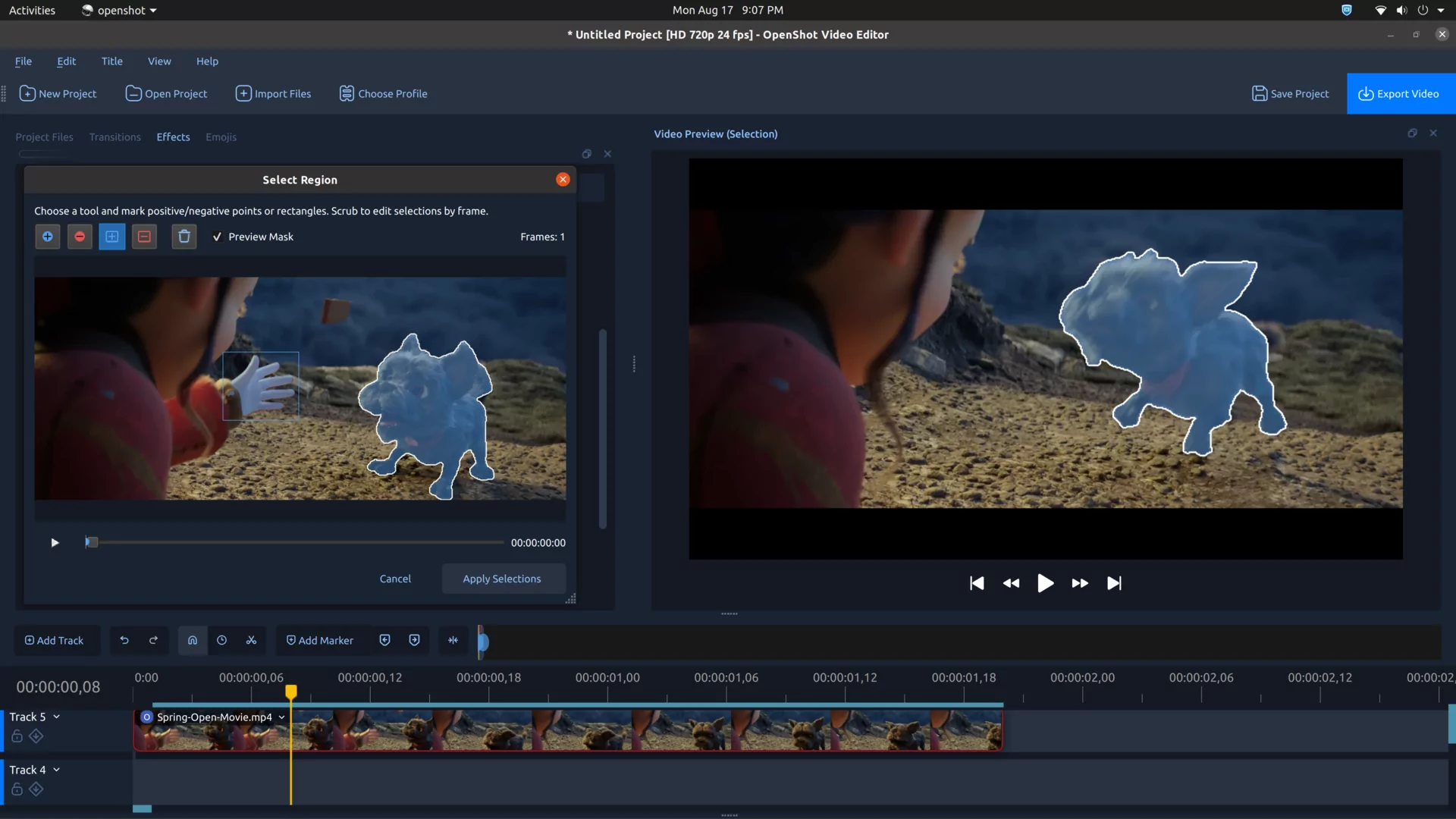 Рабочий процесс Object Mask в OpenShot: выбор объекта и предпросмотр сгенерированной анимированной маски