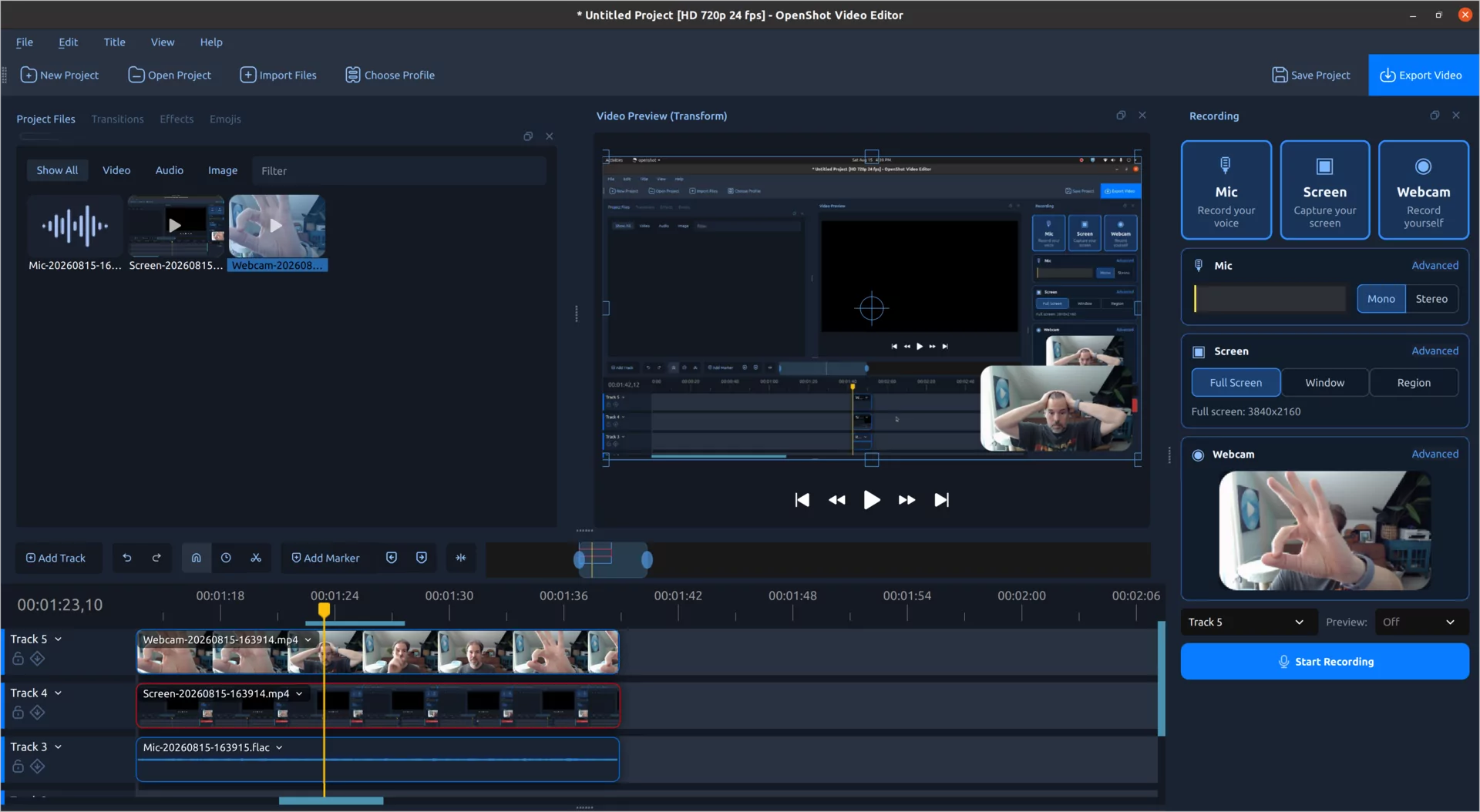 Recording View в OpenShot 4.0 с элементами управления микрофоном, экраном и веб-камерой рядом с таймлайном