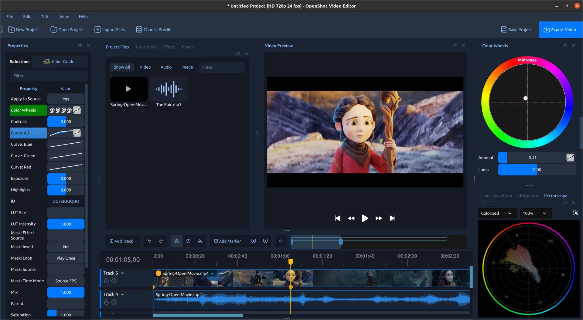 OpenShot 4.0 Color View: превью видео, таймлайн, цветовые колеса, свойства и профессиональные видеоскопы.