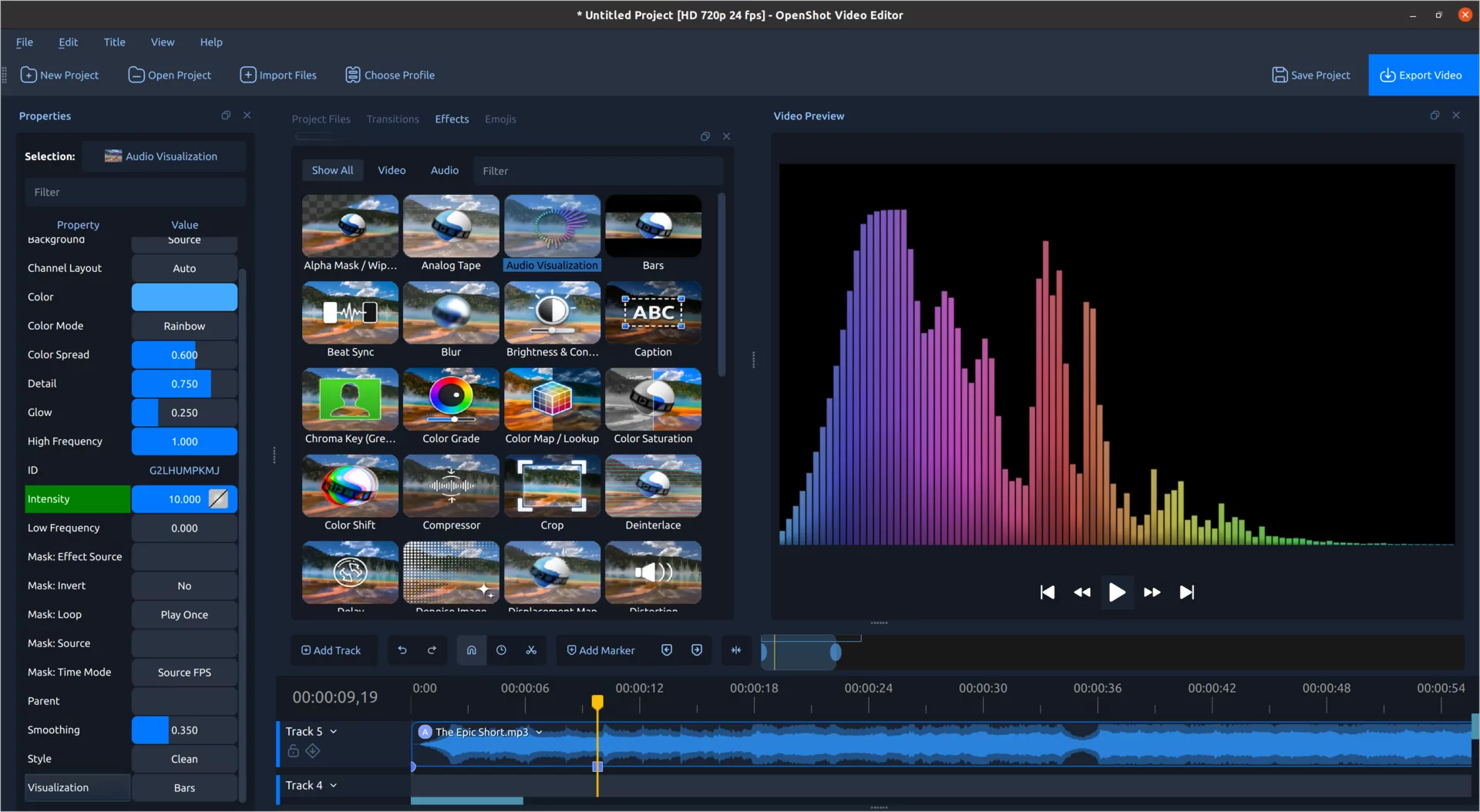 Радужные полосы аудиоспектра, созданные эффектом Audio Visualization в OpenShot