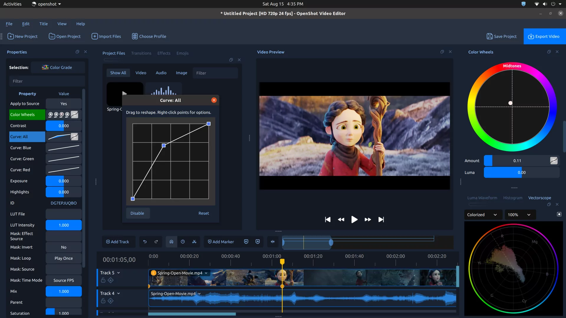 Эффект Color Grade в OpenShot с редактируемой кривой цвета, цветовыми колёсами и вектороскопом