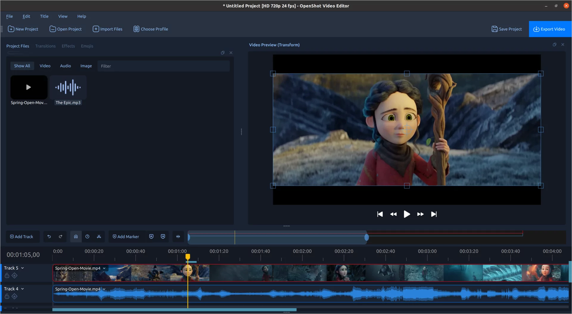 Нативный таймлайн OpenShot 4.0 с двумя дорожками, миниатюрами видео, аудиоволнами и меню клипов
