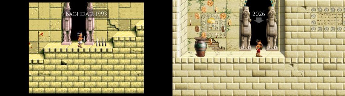 Один и тот же дверной проём во дворце в обеих играх: слева версия для Amiga 1993 года в формате 4:3 с крупными тайлами, справа сборка Godot 2026 года в широкоформатном разрешении с той же дверью, перерисованной детально