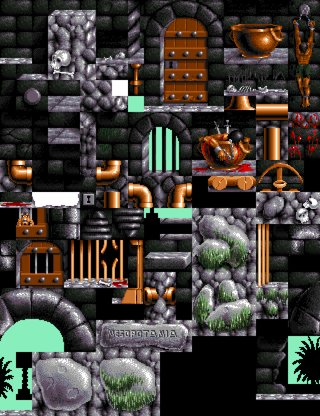 Полный набор тайлов 16x16 для первого уровня игры для Amiga 1993 года: каменные блоки, лестницы, вода, пальмовые листья, декоративная кладка