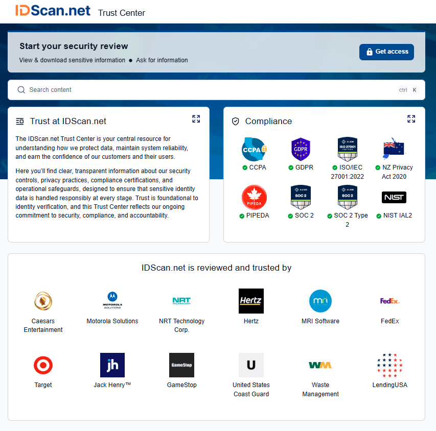 Страница Trust Center IDScan.net с баннером проверки безопасности, поле поиска, разделами сертификаций доверия и соответствия, и сеткой логотипов от доверенных партнёрских организаций.