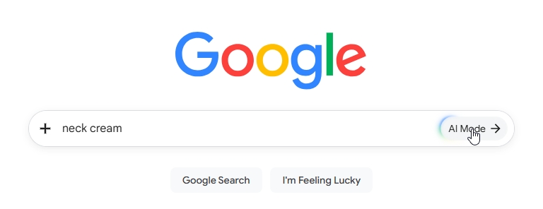Google показывает видный AI Mode прямо в стандартном поле поиска, что ведёт в AI Mode, сохраняя один и тот же запрос