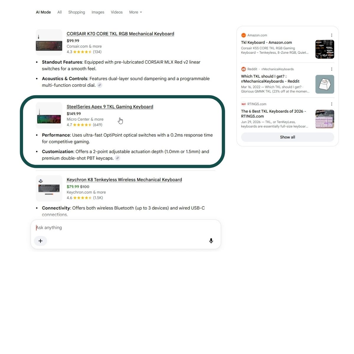 AI Mode: одна цена, один продавец, другое название товара