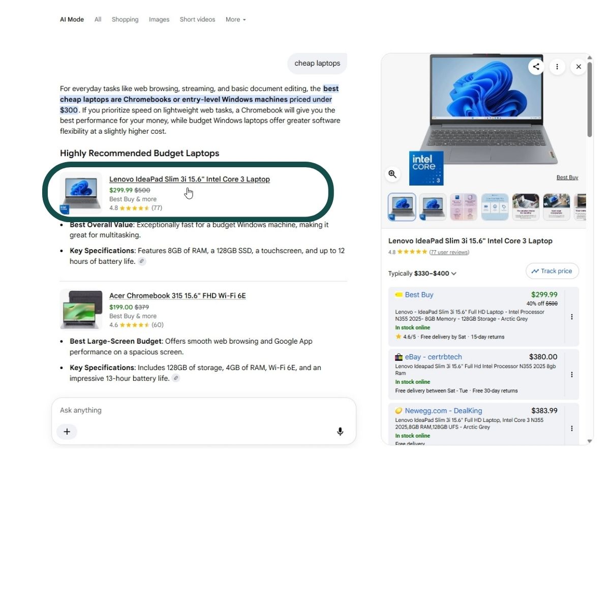 AI Mode ранжирует #1 с одним продавцом и ценой