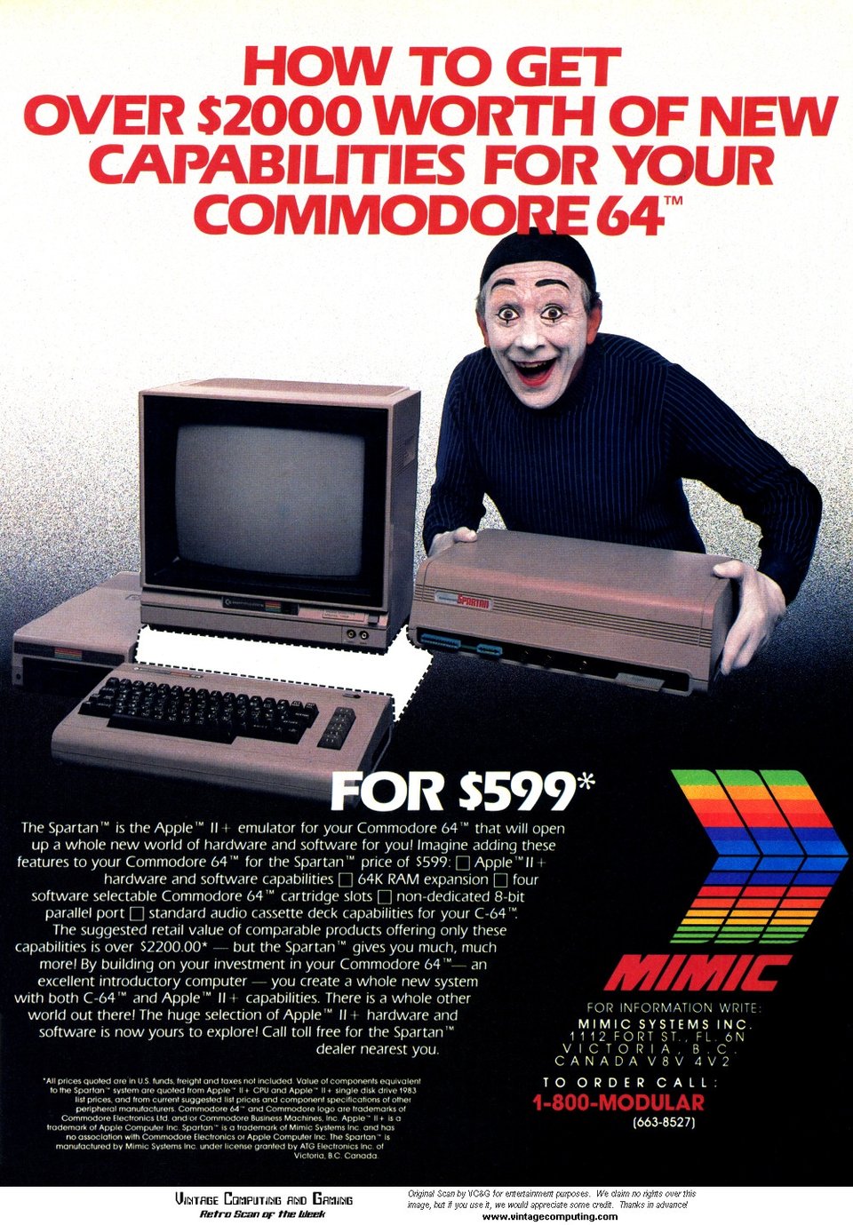 Мим держит компьютер Spartan в руках. Рядом с ним Commodore 64, 1541-й привод и монитор с большим белым пространством под ним, где должен быть Spartan.