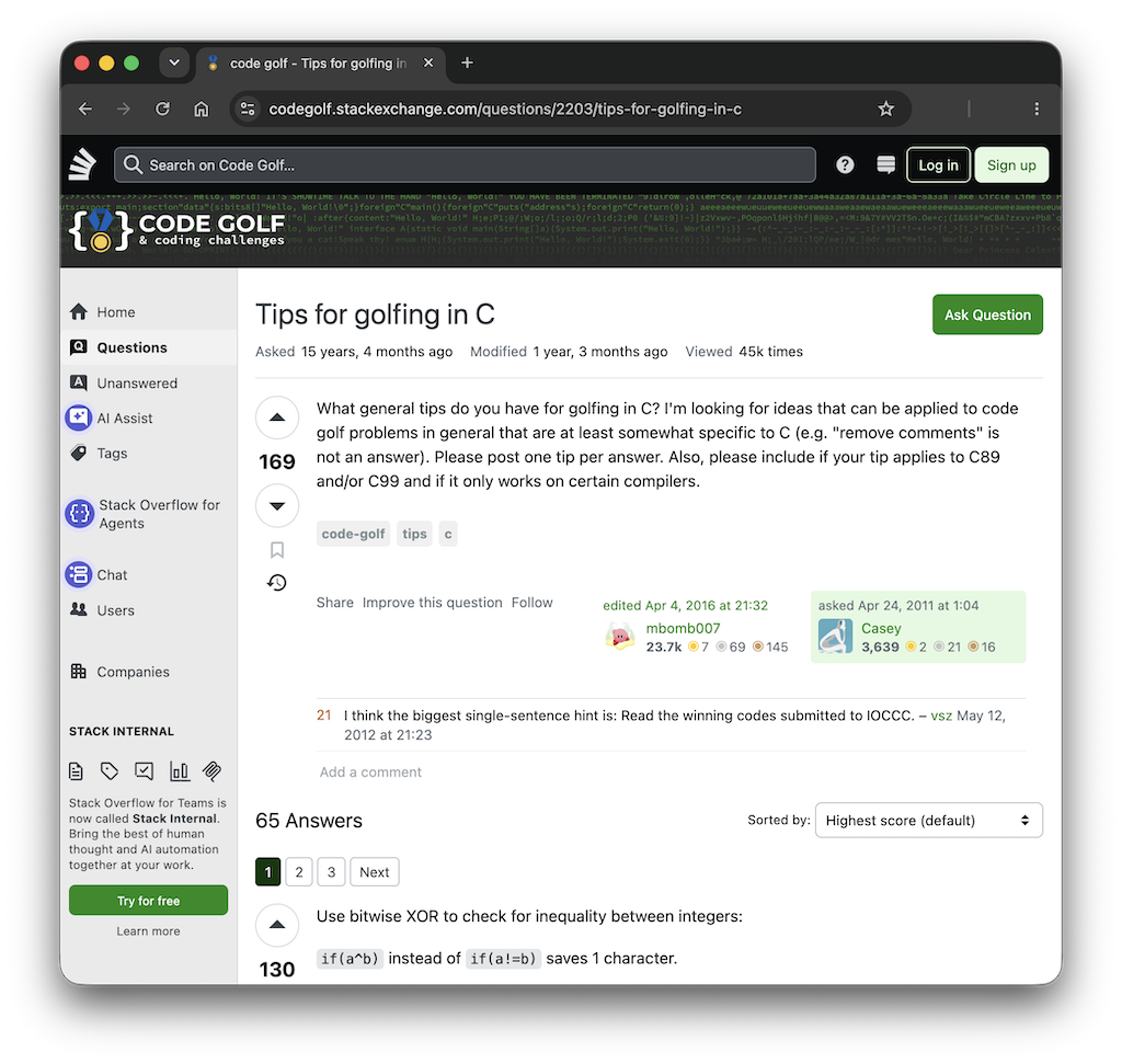 Скриншот потока code golfing на Stack Overflow.