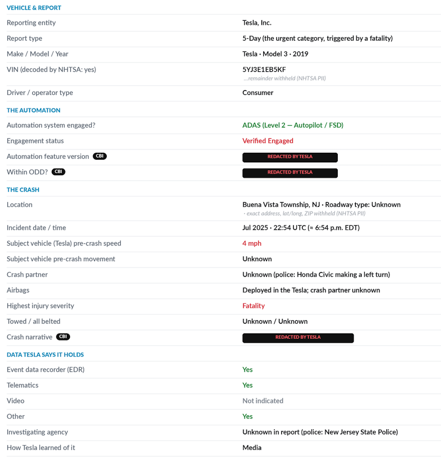 Screenshot NHTSA report