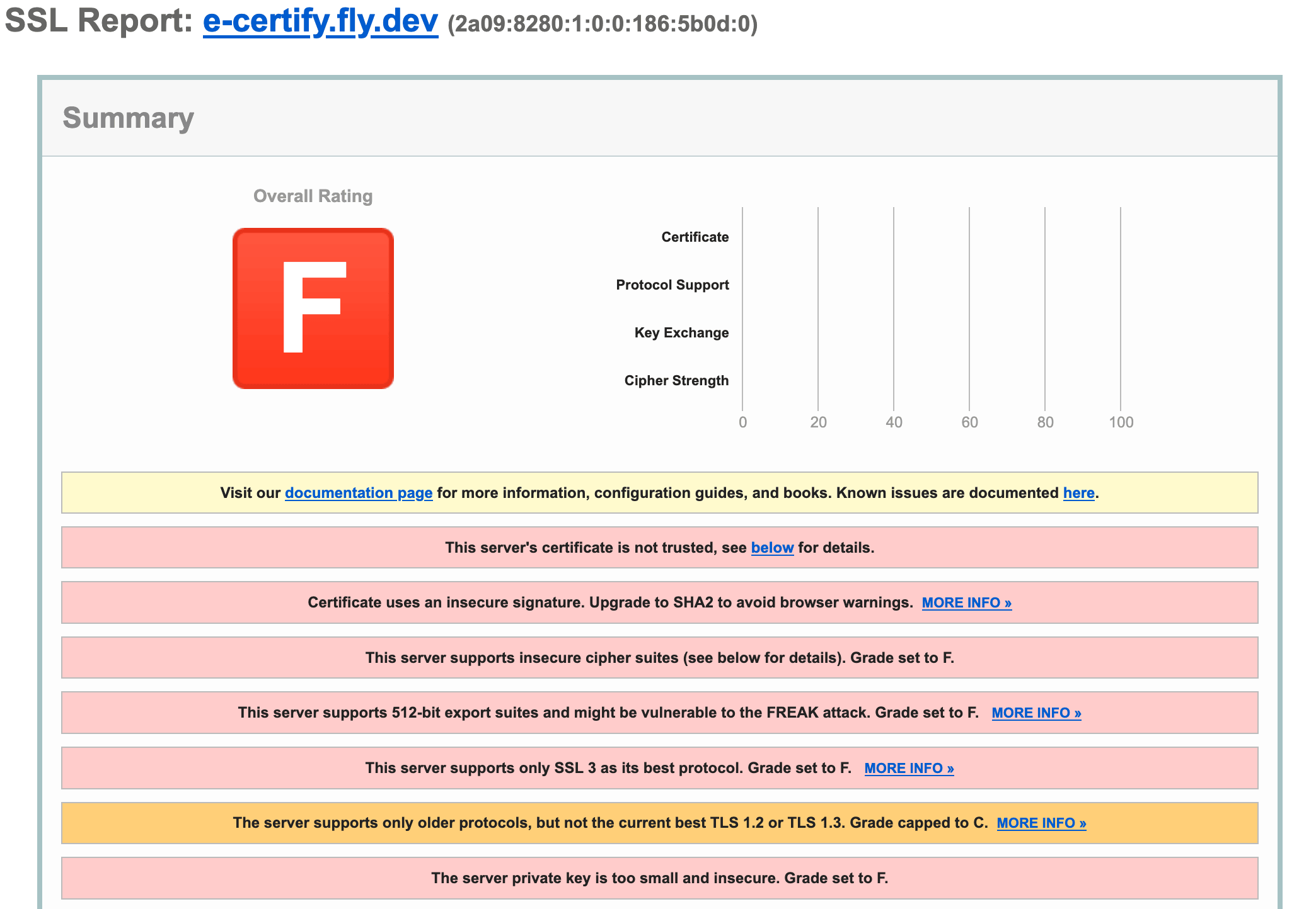 Отчет SSL Labs, дающий e-certify.fly.dev оценку F с множеством проблем