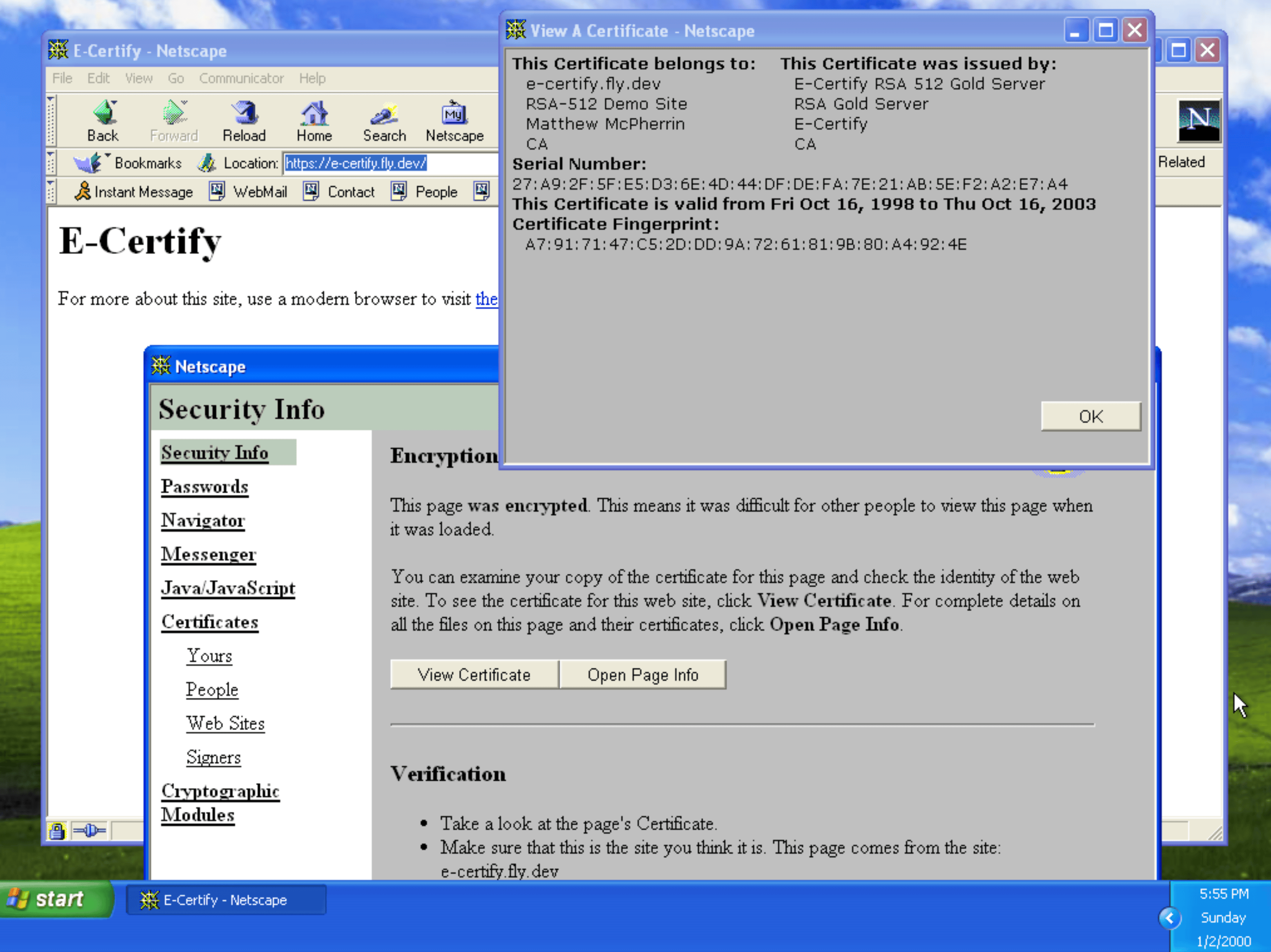 Средство просмотра сертификатов Netscape 4.51, показывающее сертификат для e-certify.fly.dev, выданный E-Certify RSA 512 Gold Server