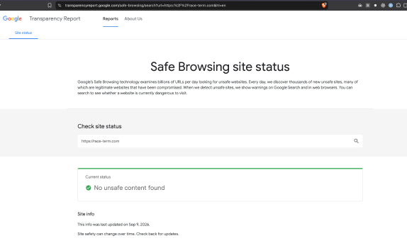 скриншот Google Safe Browsing, показывающий, что race-term.com безопасен