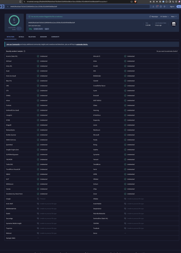 скриншот VirusTotal, показывающий, что RACE.dmg чистый