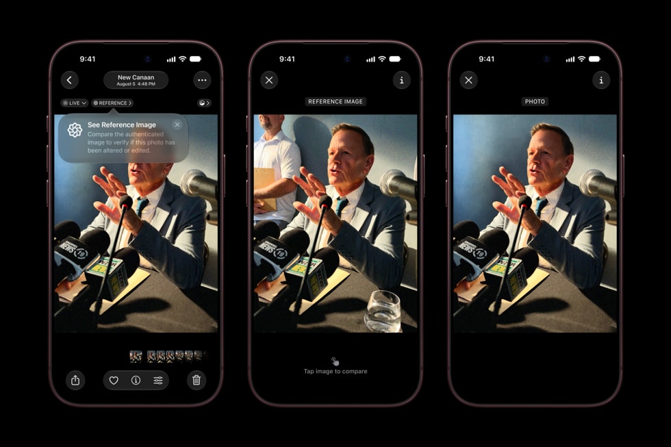 Три iPhone 18 Pro отображают Apple Reference Image с сравнением оригинальной фотографии и отредактированной версии.