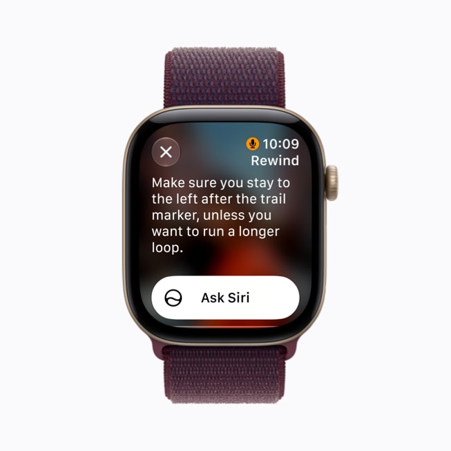 Apple Watch Series 12 показывает функцию Live Rewind с сообщением: «Убедитесь, что вы остаетесь слева после маркера тропы, если только вы не хотите пробежать более длинный круг».