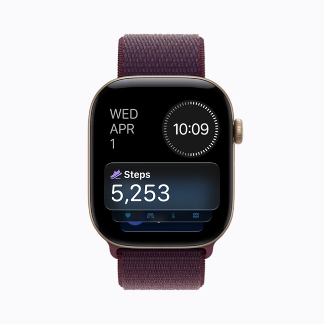 Apple Watch Series 12 показывает усложнение Steps с графикой обуви и количеством 5253 шага.
