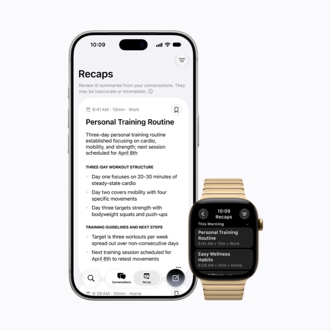 Apple Watch Series 12 и iPhone 18 Pro показывают функцию Siri Recap с контуром личной тренировочной программы.