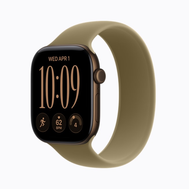 Apple Watch Series 12 темной бронзы с оливковым спортивным ремешком.