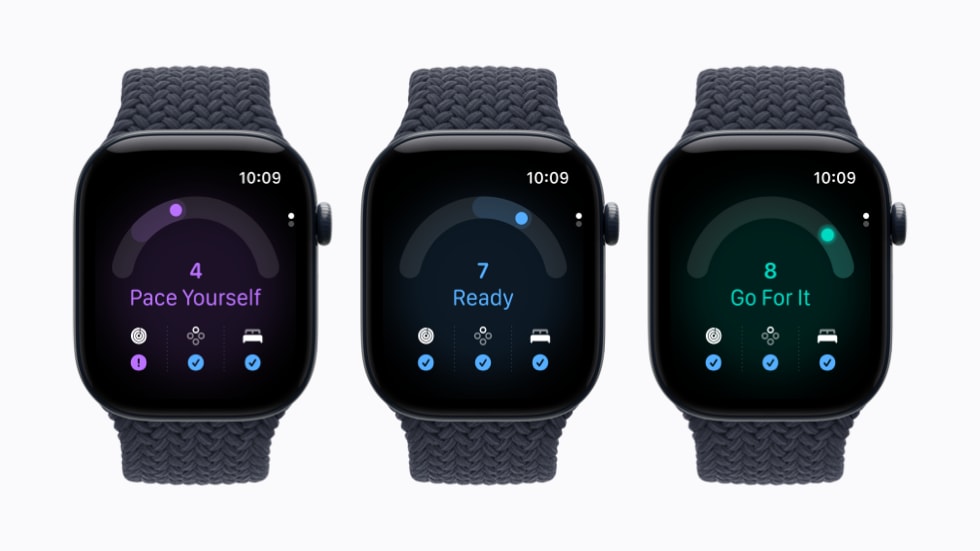 Три устройства Apple Watch Series 12 показывают оценки готовности: Pace Yourself, Ready и Go For It.