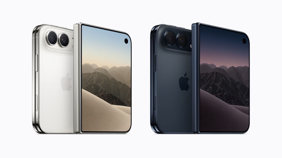 Четыре устройства iPhone Duo показаны спереди и сзади в цветах звёздный белый и ночной космос