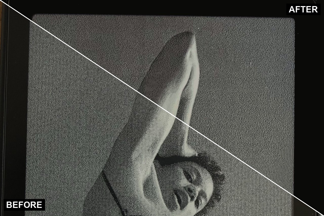Фотография на X3, до и после. Ниже линии она использует исходную серую waveform; выше использует новую