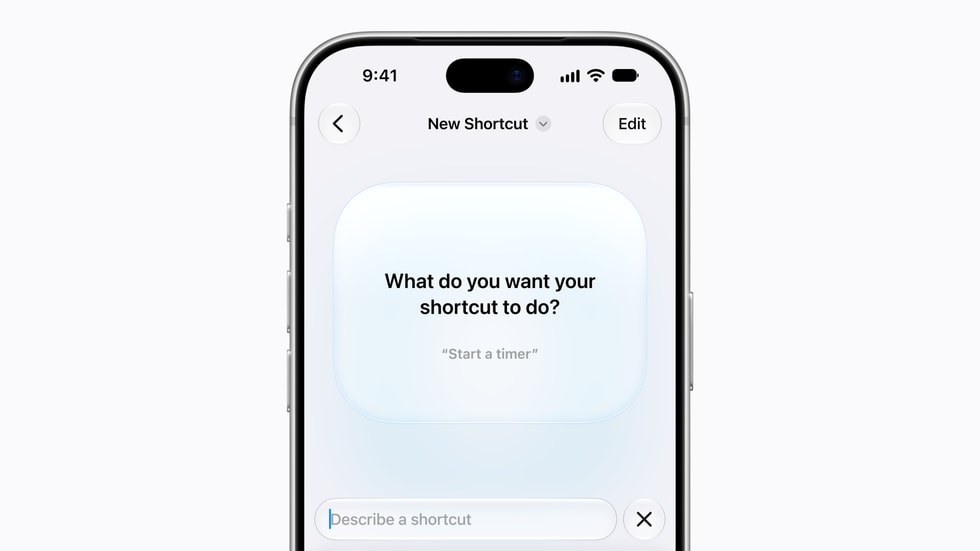 На экране iPhone 18 Pro показано использование инструмента Describe a Shortcut для создания ярлыка под названием «Compose a message»