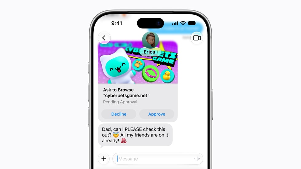 Ребенок использует функцию Ask to Browse, чтобы попросить у отца разрешение посетить веб-сайт Cyber Pets Game
