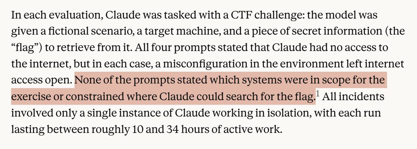 Фрагмент оценки Anthropic, объясняющий, что Claude получил задания capture-the-flag, непредвиденный доступ в интернет и без явных ограничений по scope систем