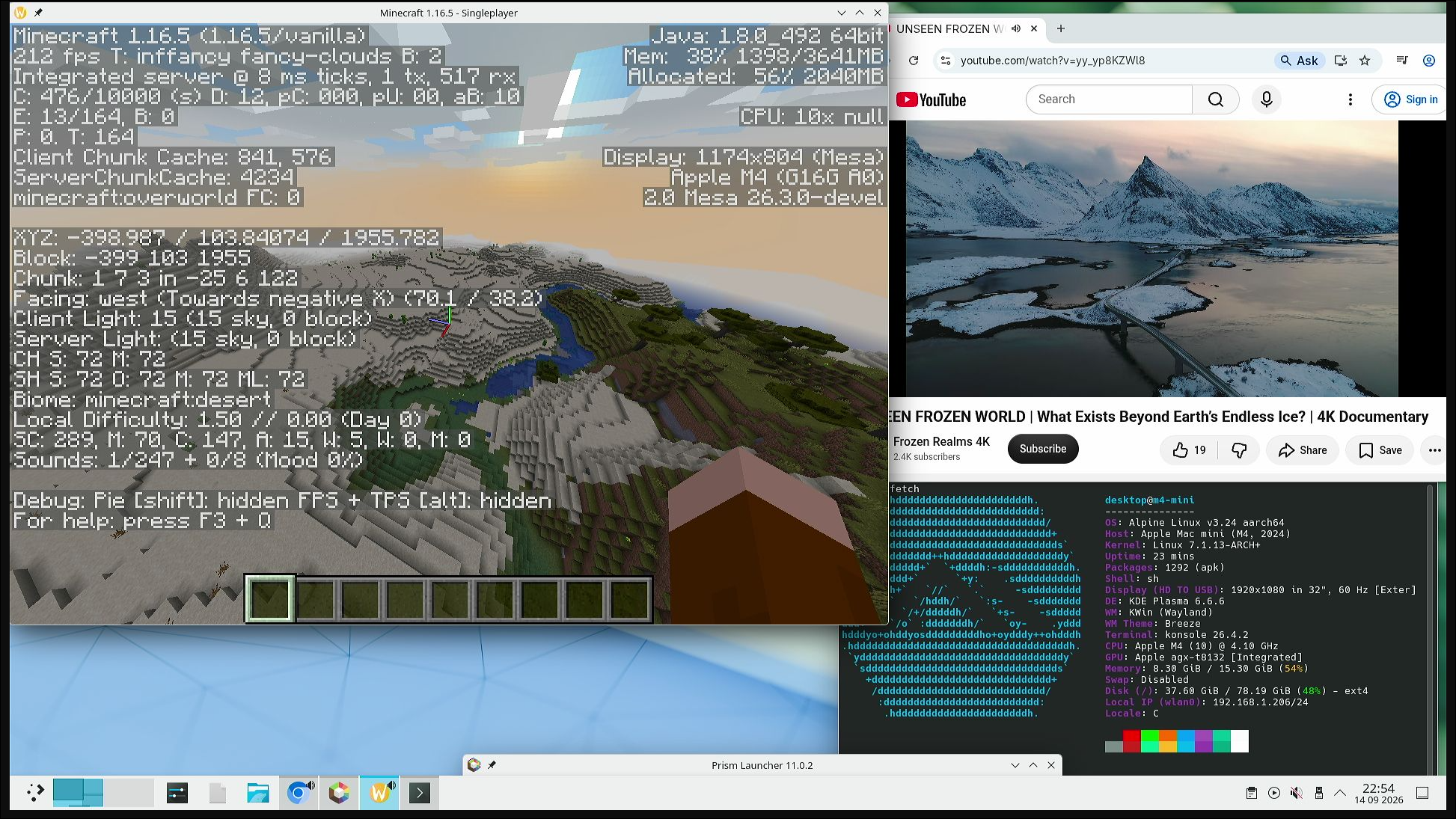 Minecraft работает на M4 Mac Mini с частотой 212 fps