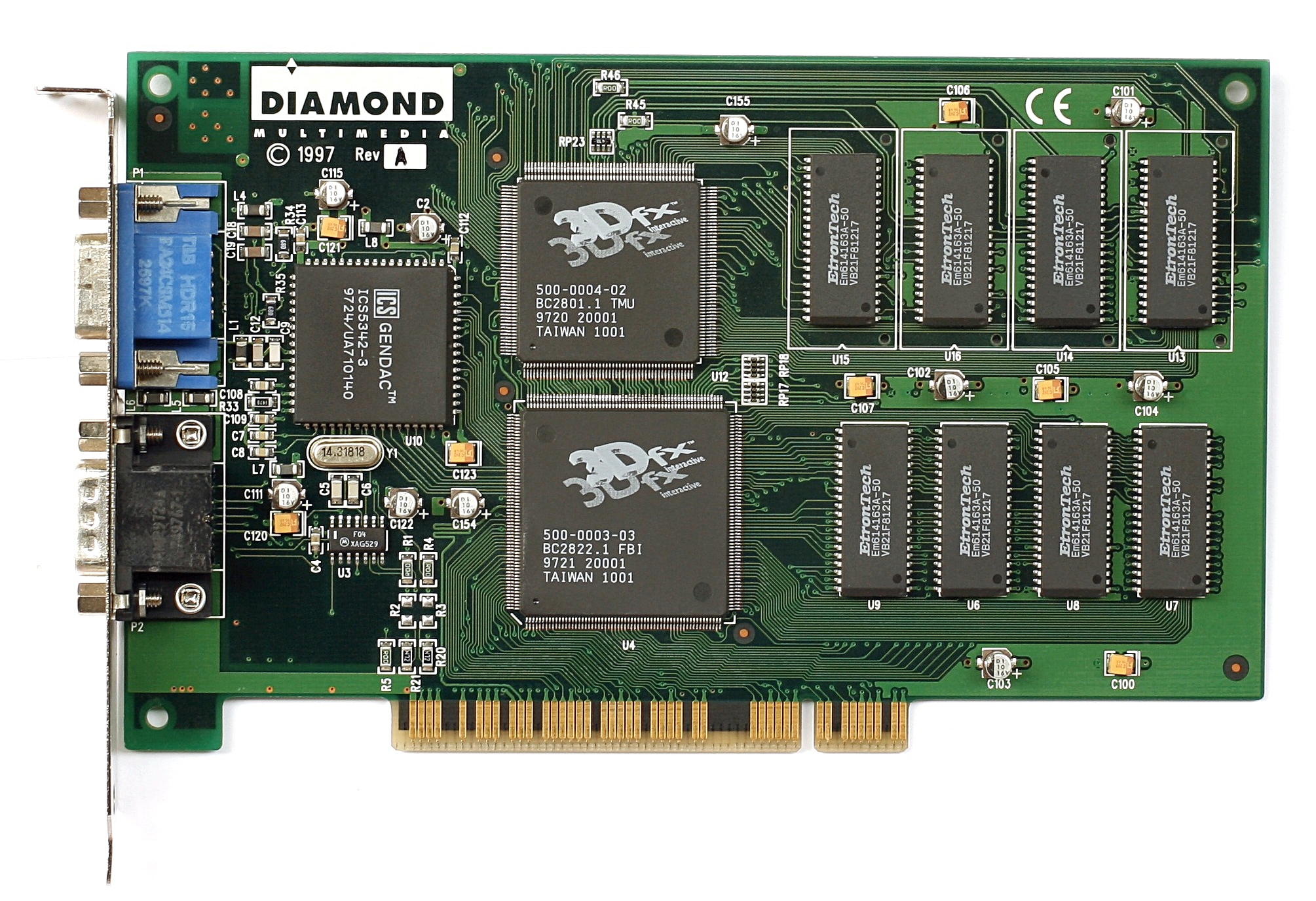 Фотография платы Diamond Monster 3D, с TMU и текстурной RAM над FBI и RAM буфера кадров