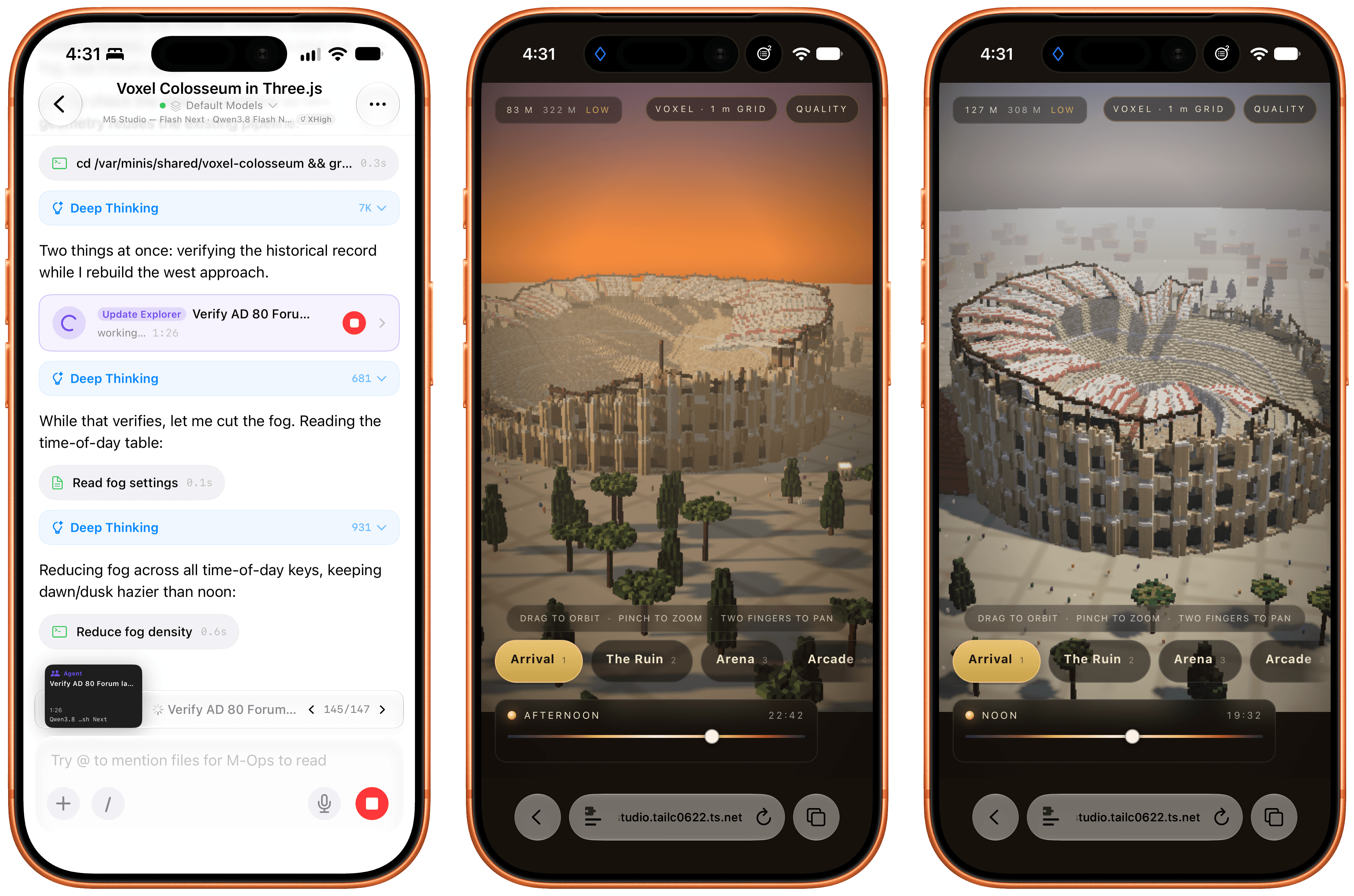 Это интерактивное demo Colosseum было полностью создано Flash-Next, работающей на M5 Ultra Mac Studio, управляемой через Open Minis и его harness на iOS