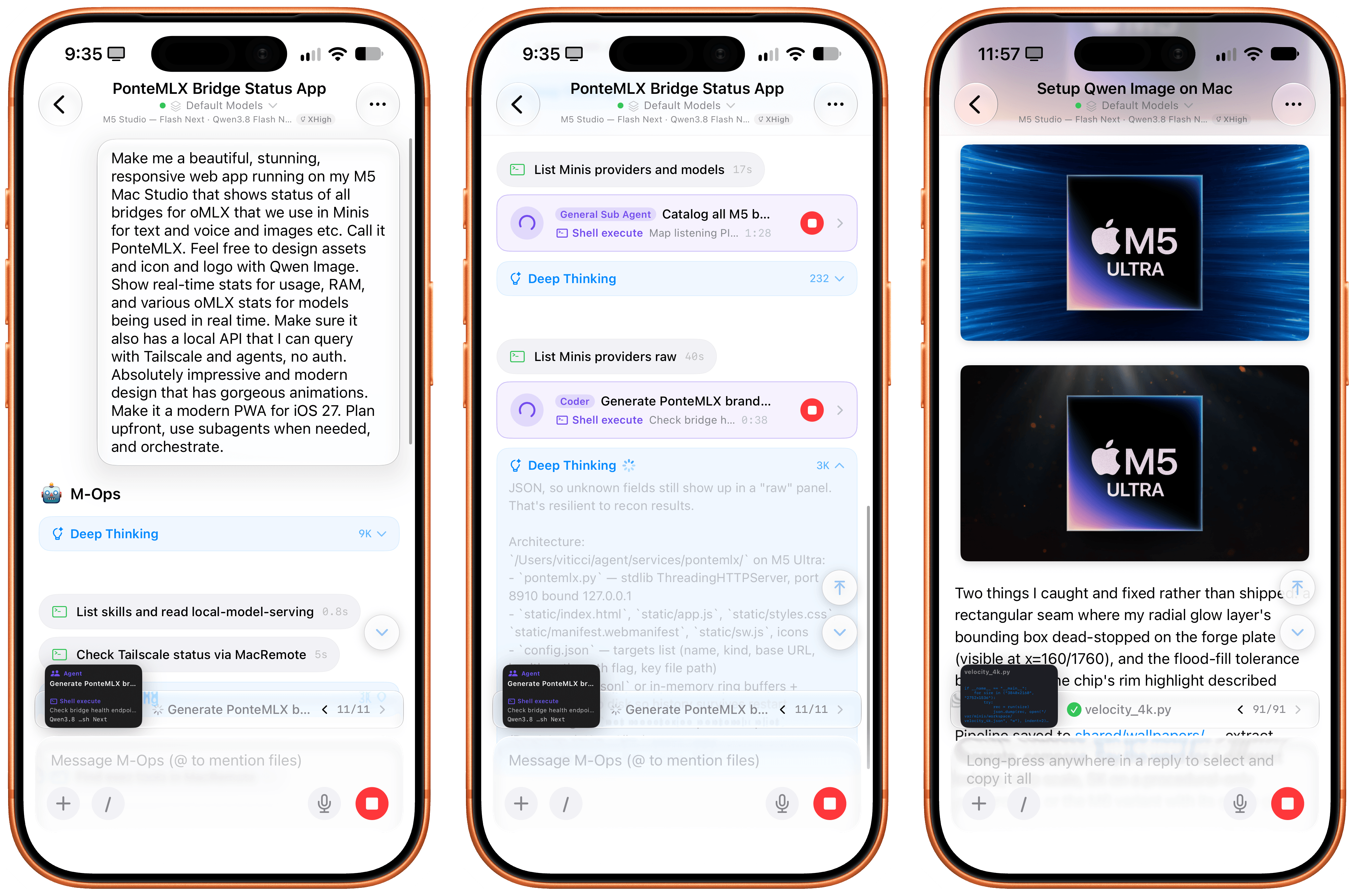 Использование локальной модели в качестве default в Open Minis для iOS. На картинке: долгосрочный проект, субагенты и локальная генерация изображений на базе Qwen-Image-2.1, тоже работающая на M5 Ultra