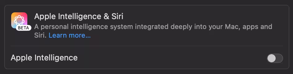 Параметр Apple Intelligence в macOS 15