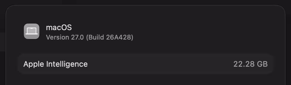 Apple Intelligence занимает 22,28 ГБ в macOS 27