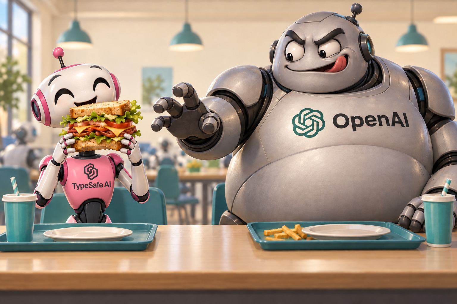 Толстый робот OpenAI облизывает губы и тянется к огромному сэндвичу, который счастливо ест худой робот TypeSafe