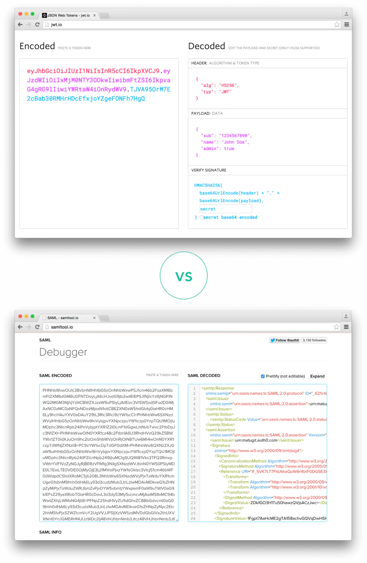 Подписи JWT против SAML (источник: jwt.io и samltool.io)