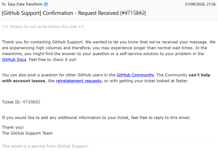 Автоматический ответ от GitHub