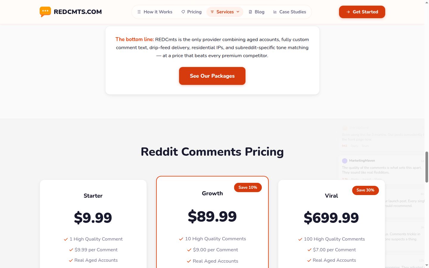 Страница с ценами REDCmts: один комментарий $9.99, десять $89.99, сто $699.99