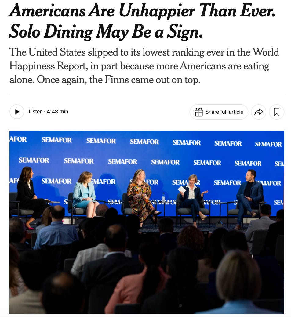 Скриншот статьи NYT про одиночные обеды