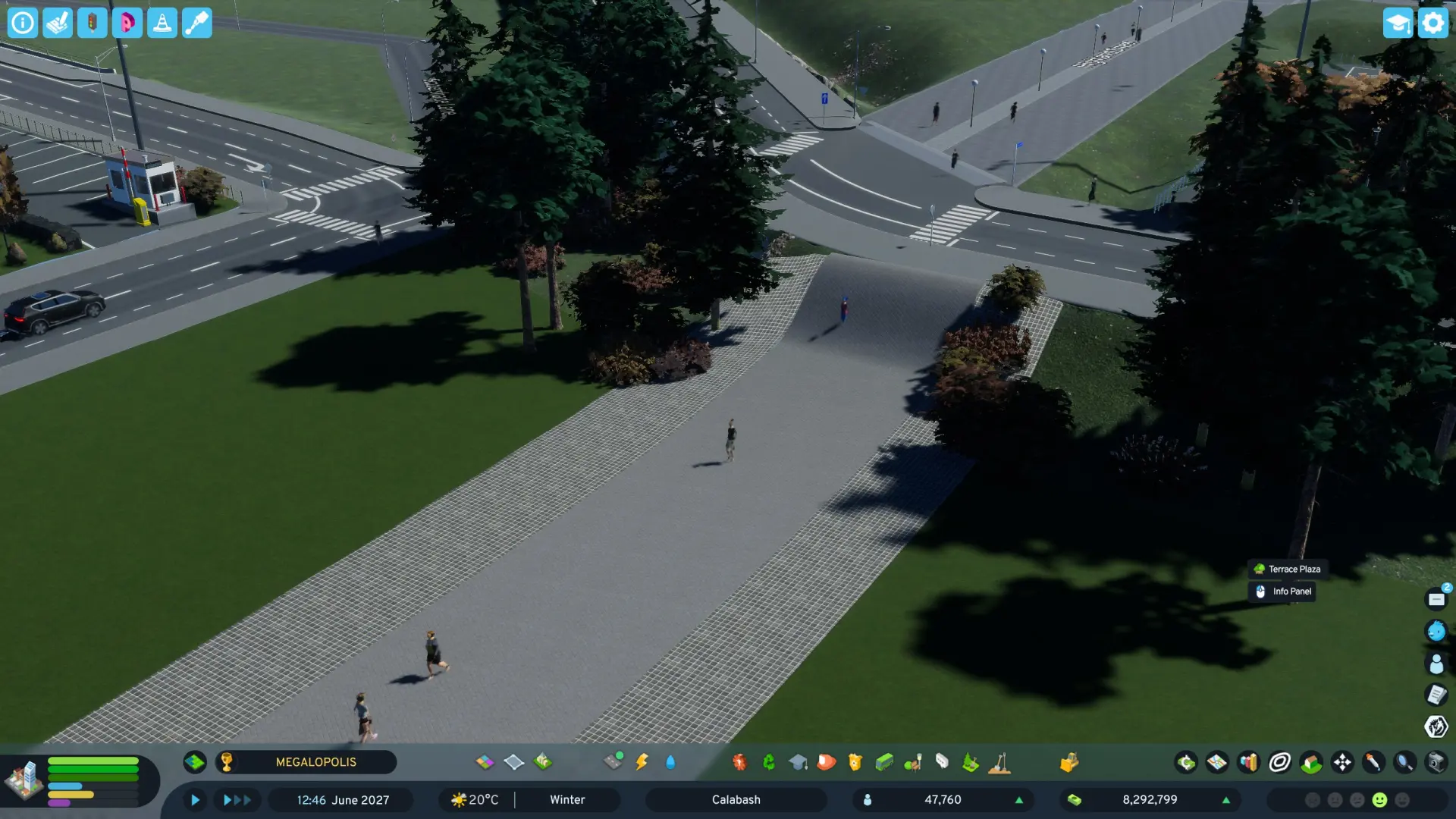 Скриншот из Cities: Skylines 2 с неловкими перепадами высоты и крутыми склонами без пешеходных лестниц.