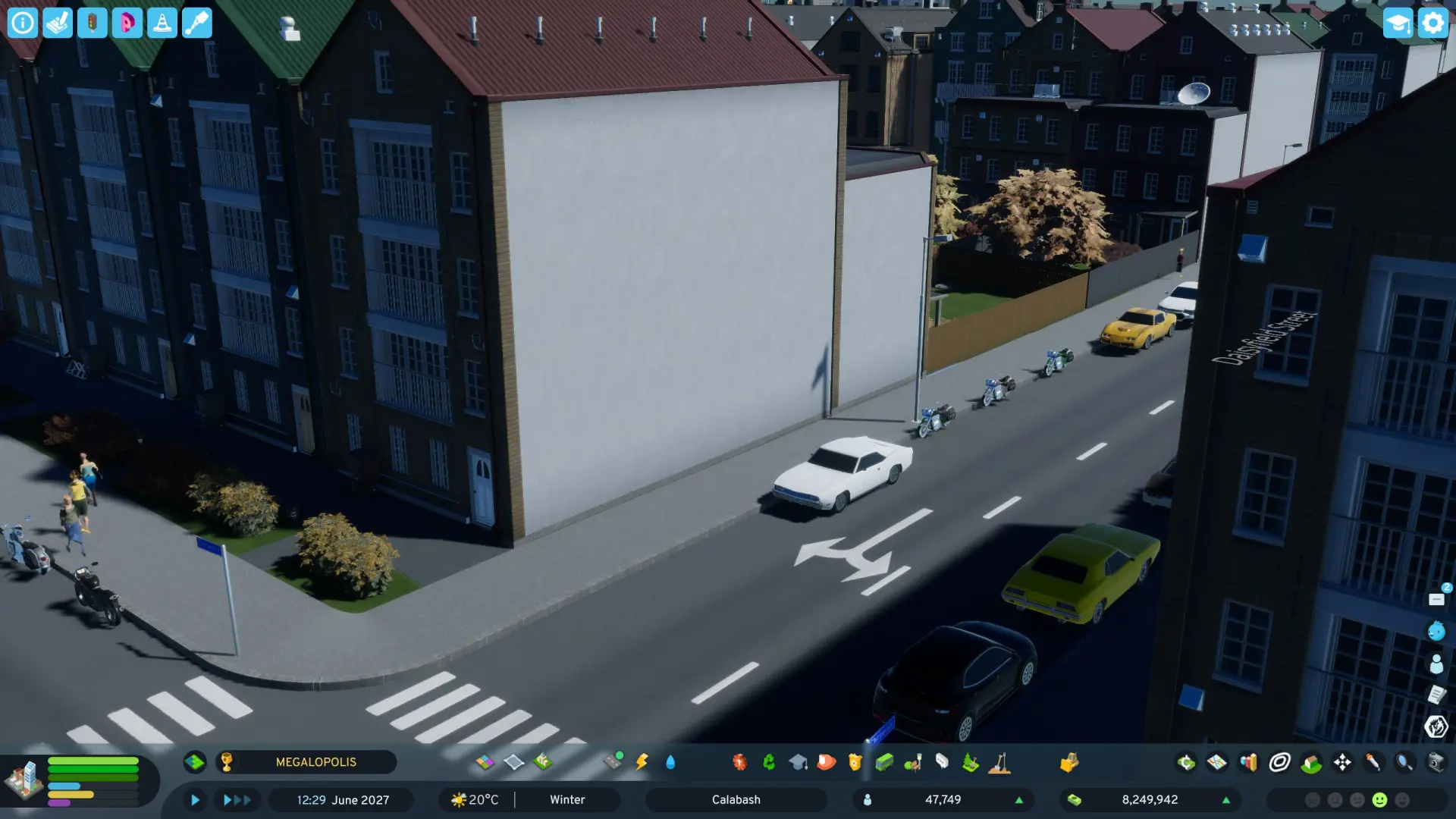 Вид в игре: кристально чистая городская улица в Cities: Skylines 2 без видимых следов износа или грязи.
