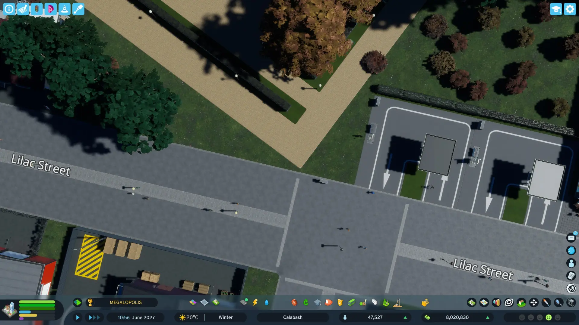 Вид улицы по умолчанию в Cities: Skylines 2 — плоский, стерильный городской уголок без деталей.